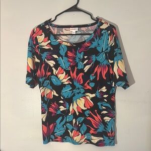LuLaRoe Blue and Pink Graphic Short Sleeve Top with Rounded Neckline